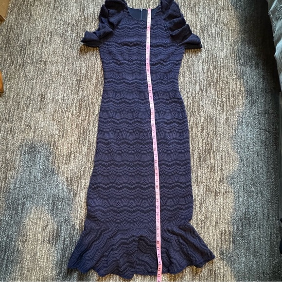 Slate & Willow Lined Midnight Blue Ruffle Sheath Midi Dress Romance Date Night - Picture 12 of 14
